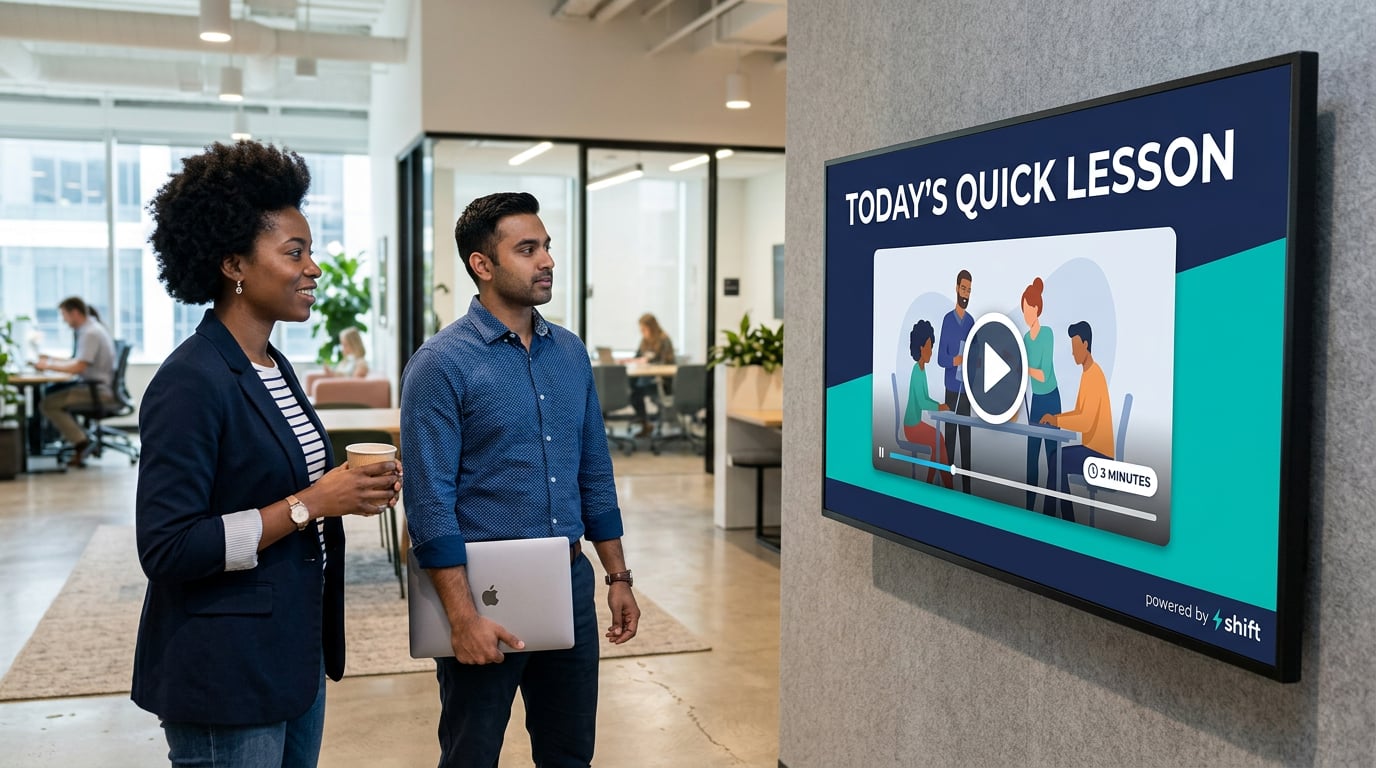 Two people watch a screen displaying "Today's Quick Lesson" in an office setting, highlighting a brief, engaging video session.
