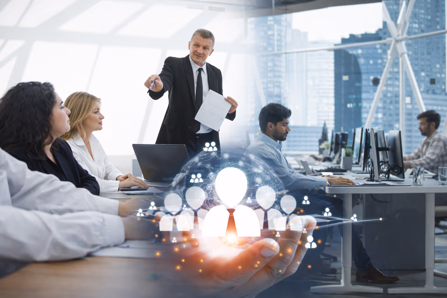 Business meeting with a man presenting data on paper to colleagues in an office, overlaid with digital icons of connected users representing networking or team collaboration.