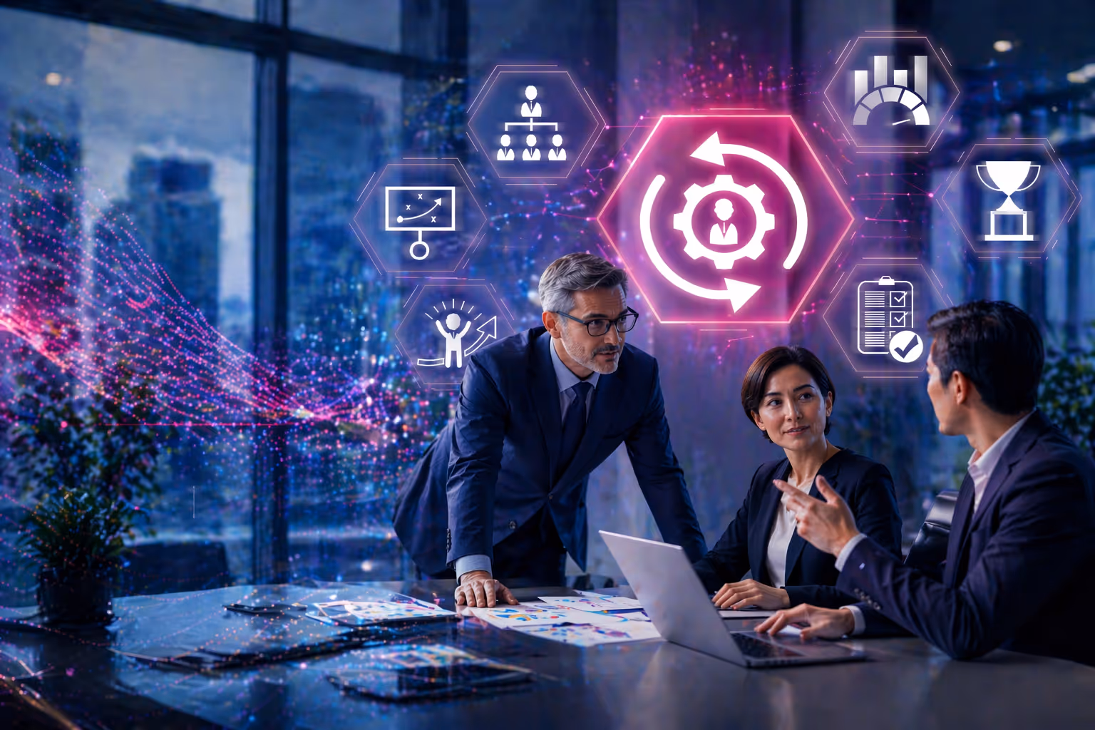 Three business professionals in a modern office with digital icons representing management, strategy, growth, and success overlays.