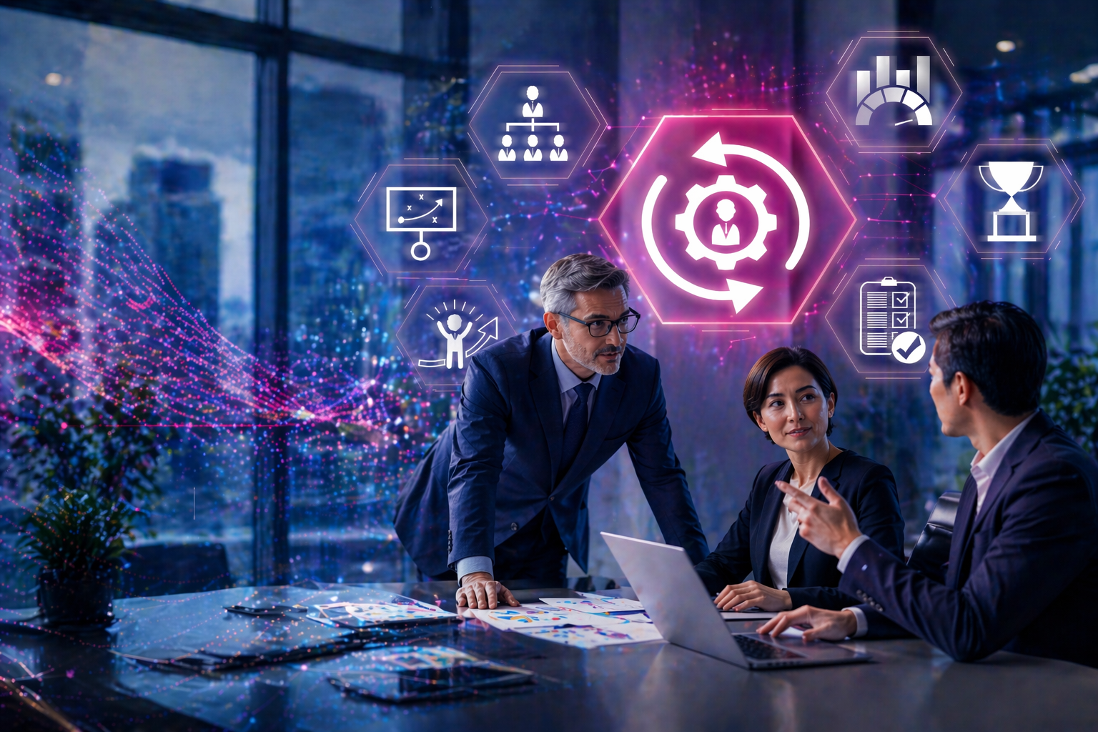 Three business professionals in a modern office with digital icons representing management, strategy, growth, and success overlays.