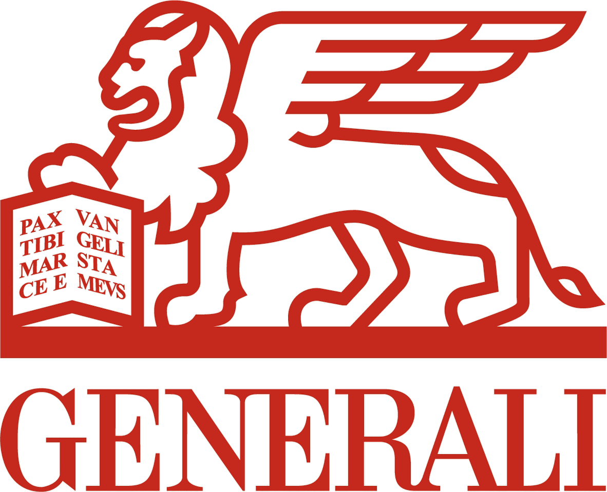 Generali company logo featuring a red winged lion holding an open book with Latin text.