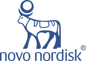 Novo Nordisk company logo featuring a stylized blue illustration of a person holding a large object above their shoulders and the text 'novo nordisk' below.