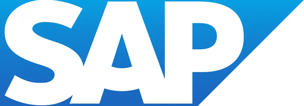 SAP company logo with white letters on a blue background featuring a diagonal cut on the right side.