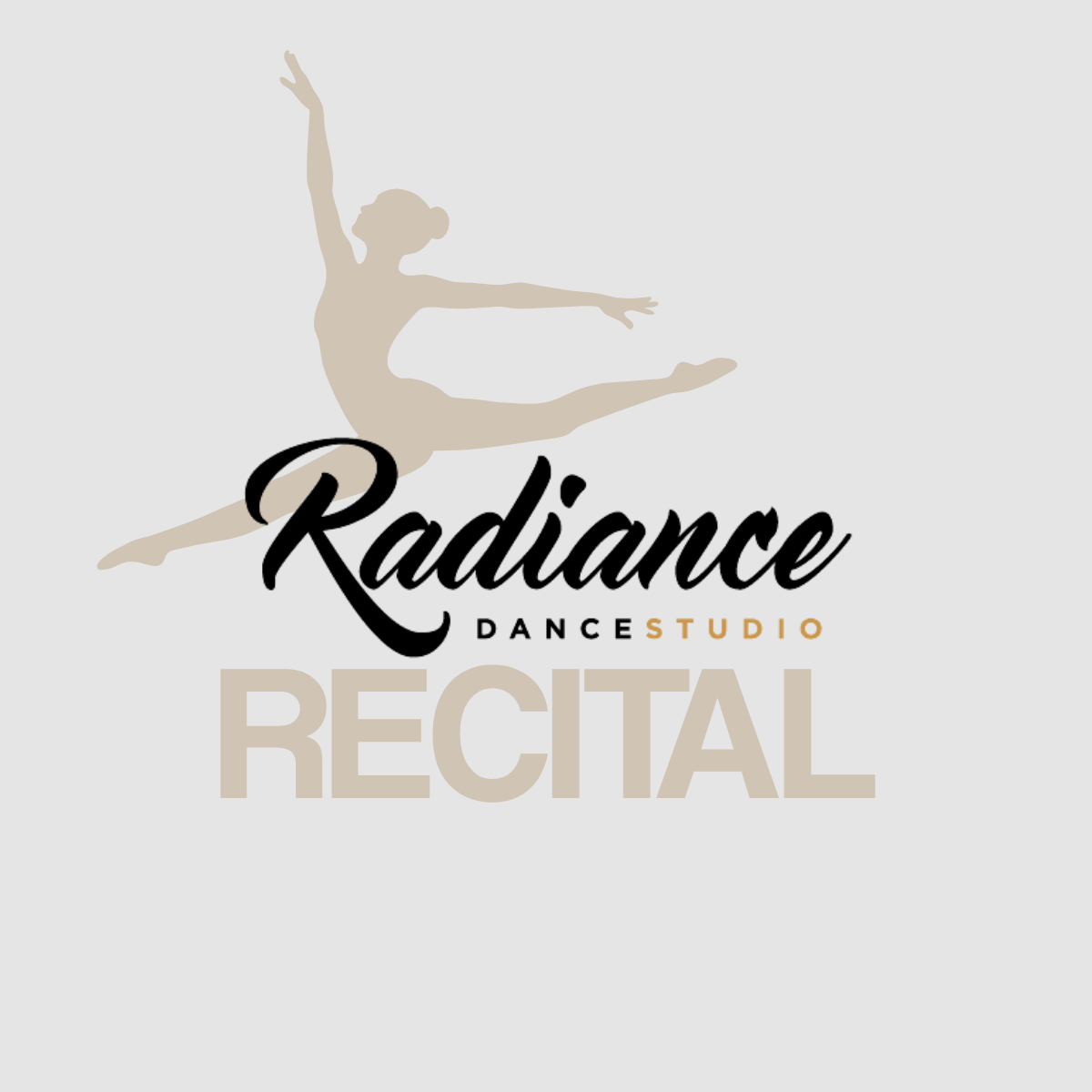 Silhouette of a ballet dancer leaping above the text Radiance Dance Studio Recital.