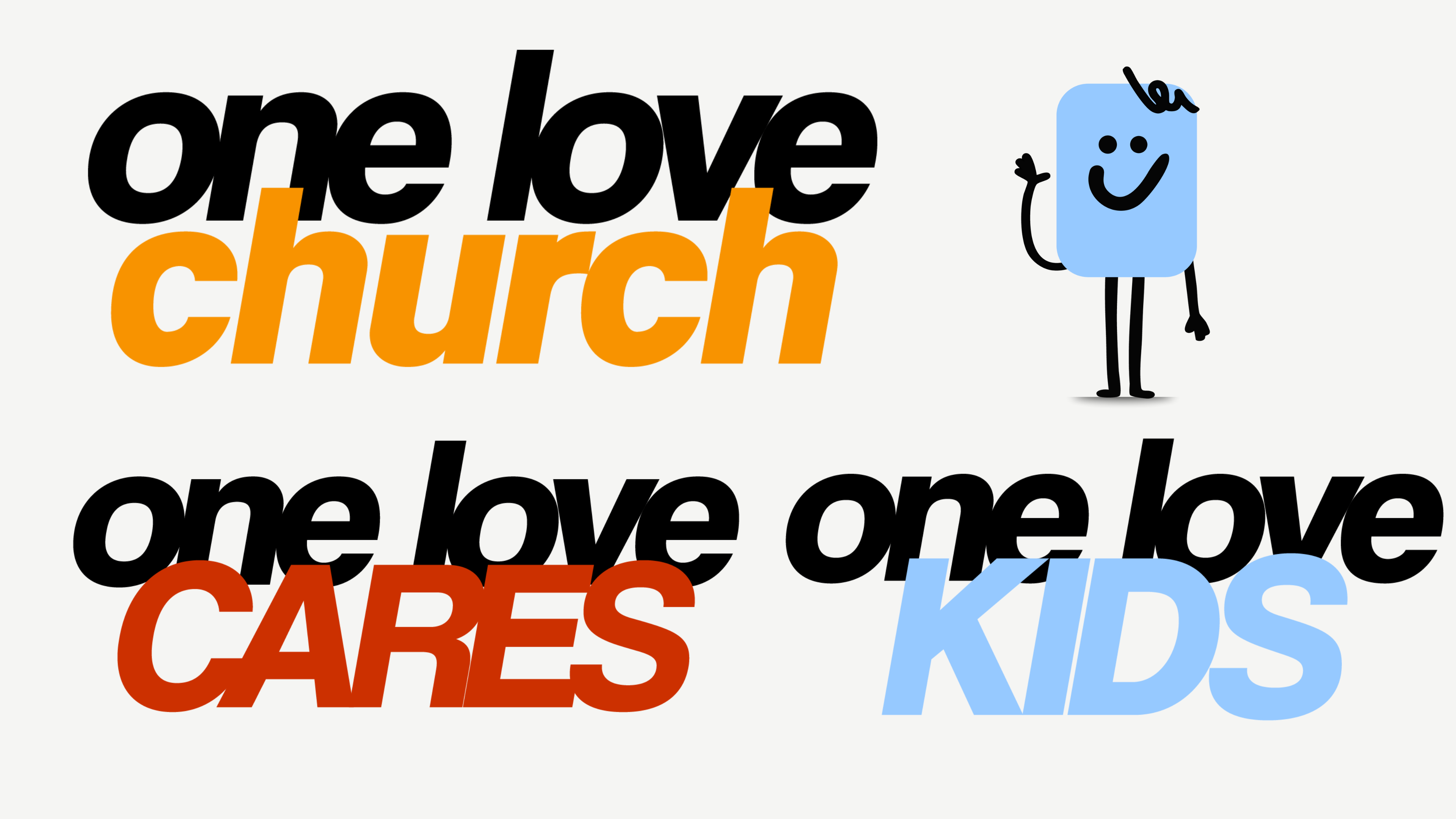 We designed the primary church logo along with distinct sub-brands for One Love Kids and their outreach arm. Each design was created to maintain consistency while expressing the unique energy of each ministry. For the kids ministry, we developed a custom character—a bold, friendly figure designed to engage children and bring personality to their environments, print materials, and social content.