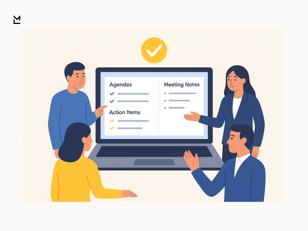 Flat illustration of four people gathered around a laptop screen showing agendas, meeting notes, and action items with blue and yellow checkmarks, symbolizing organized and transparent teamwork.