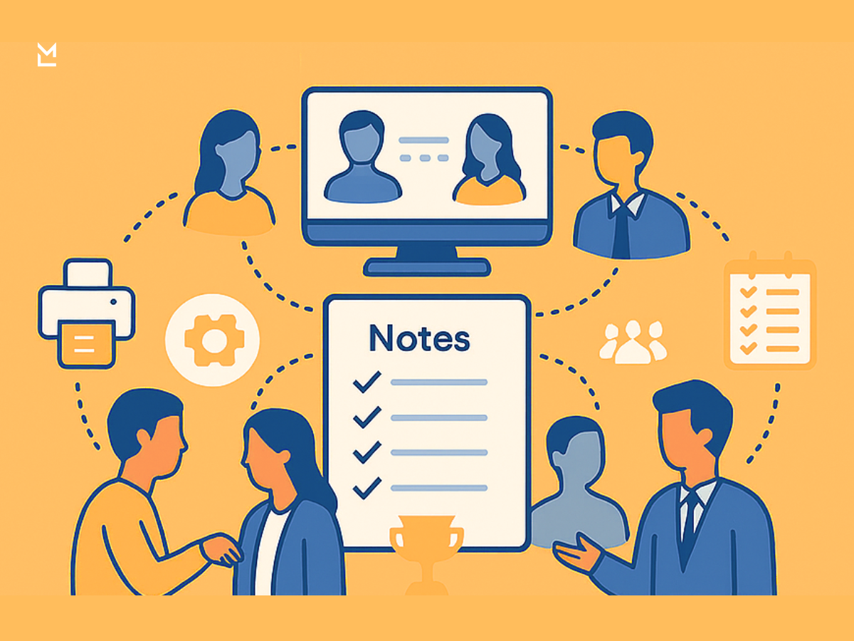 Flat orange illustration of a shared 'Notes' checklist surrounded by team members, a video call, and tool icons connected by dashed lines to show collaborative, transparent workflows.