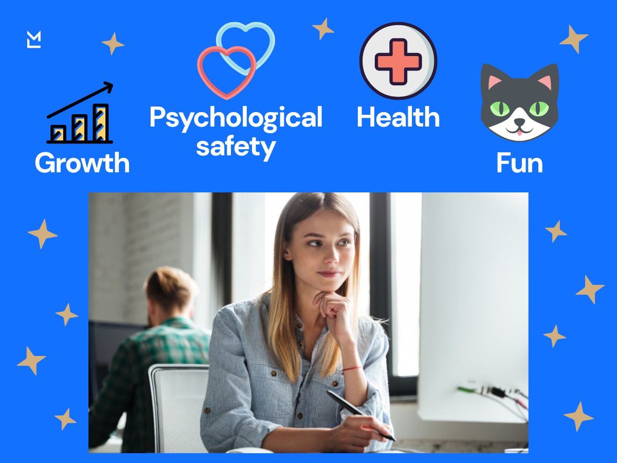 Video call workspace with two people at desks, surrounded by icons representing growth, psychological safety, health, and fun on a bright blue background with stars.