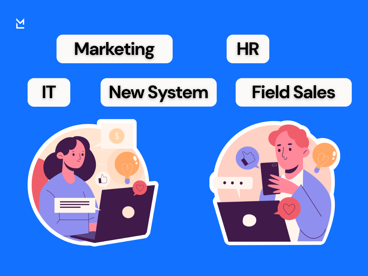 Illustration of two people working on laptops, surrounded by icons and labels for departments like Marketing, HR, IT, and Field Sales, representing cross-team collaboration.