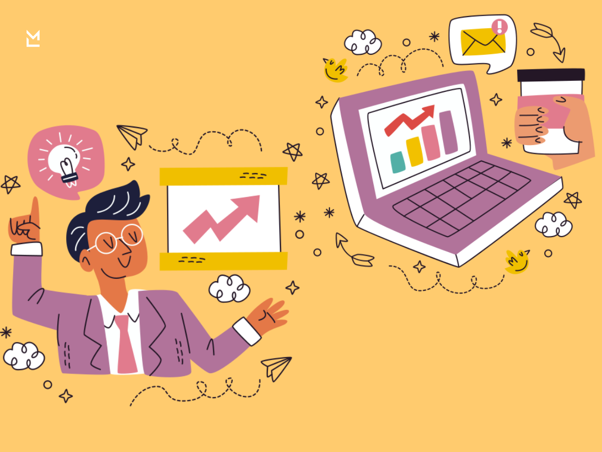 Stylized business illustration featuring a person presenting growth data with an upward arrow chart, surrounded by icons of ideas, communication, and financial activity, symbolizing innovation and performance.