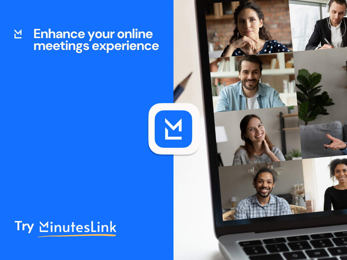 Promotional graphic showing a video call with eight participants and a message encouraging users to enhance their online meetings using MinutesLink.
