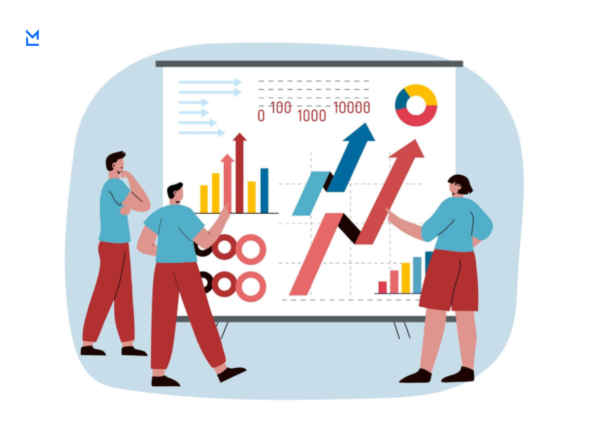 Three people standing in front of a large presentation board with charts and graphs, analyzing performance metrics and trends.