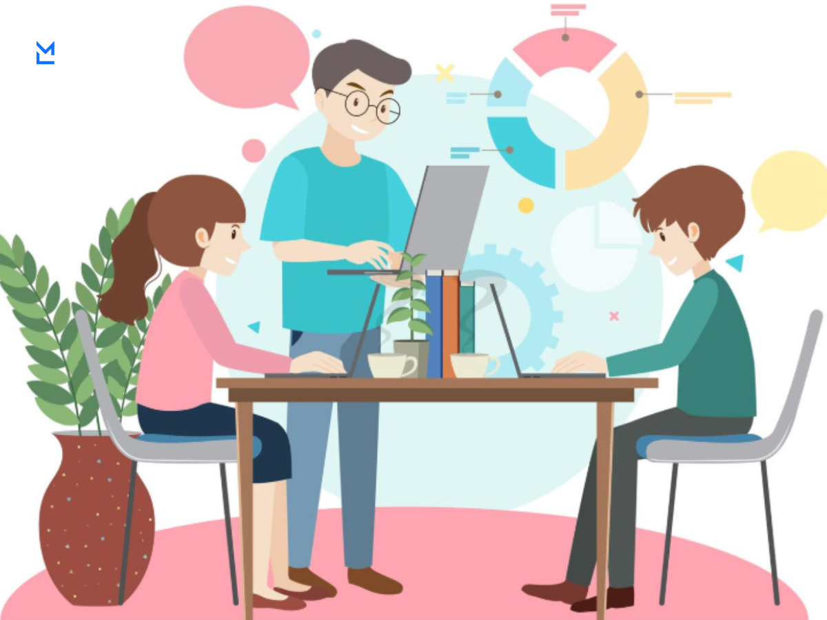 Illustration of three people collaborating with laptops amid charts, gears, and speech bubbles, conveying teamwork, brainstorming, and data-driven creativity.