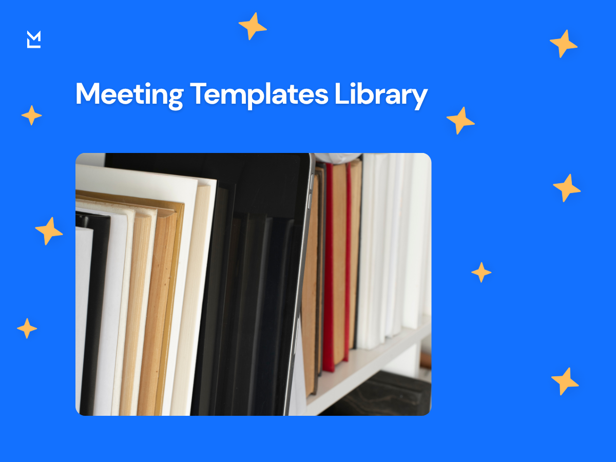 Promotional graphic for a "Meeting Templates Library" with a bright blue background, scattered yellow star icons, centered photo of a shelf of binders and folders, and the title "Meeting Templates Library" in white above the image.