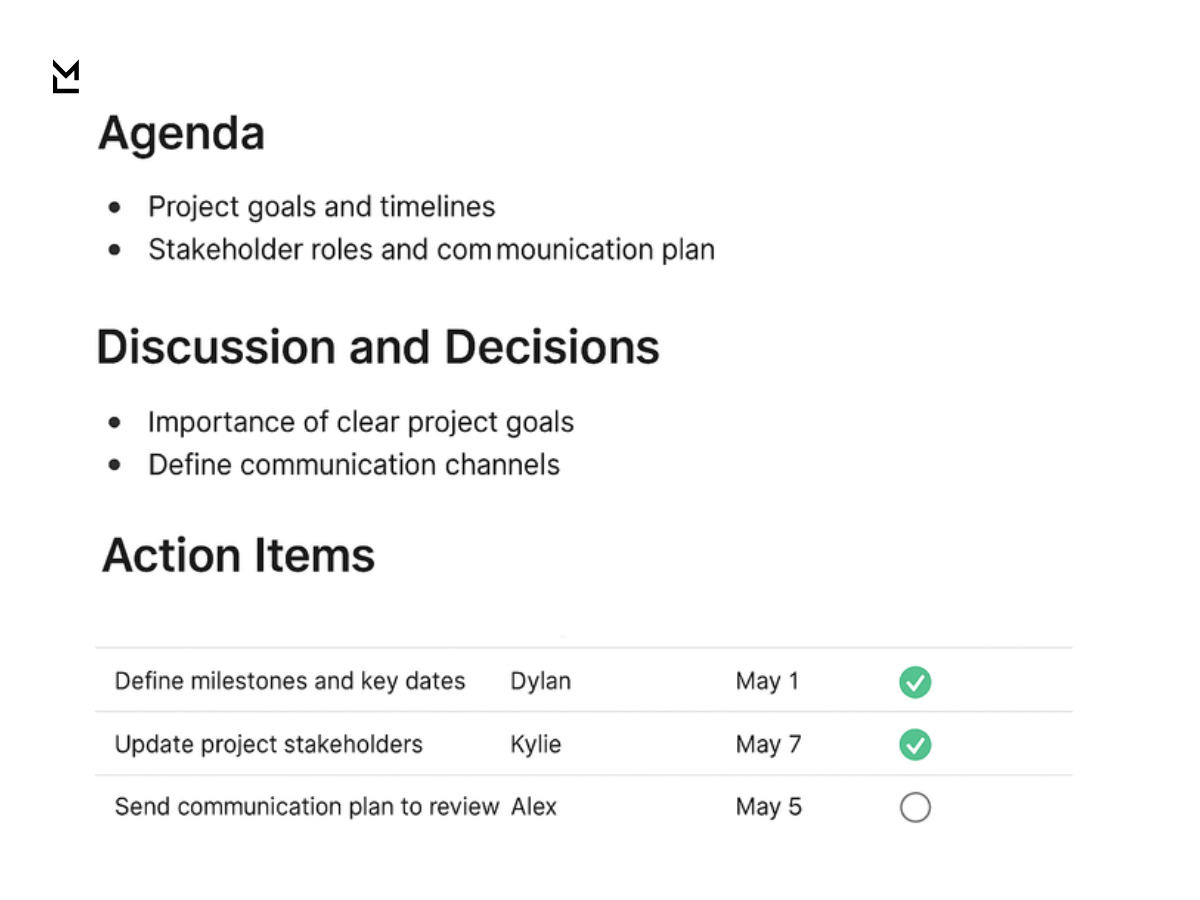 Meeting summary document with sections "Agenda," "Discussion and Decisions," and an "Action Items" table listing tasks, assignees, due dates, and status (two completed, one pending).