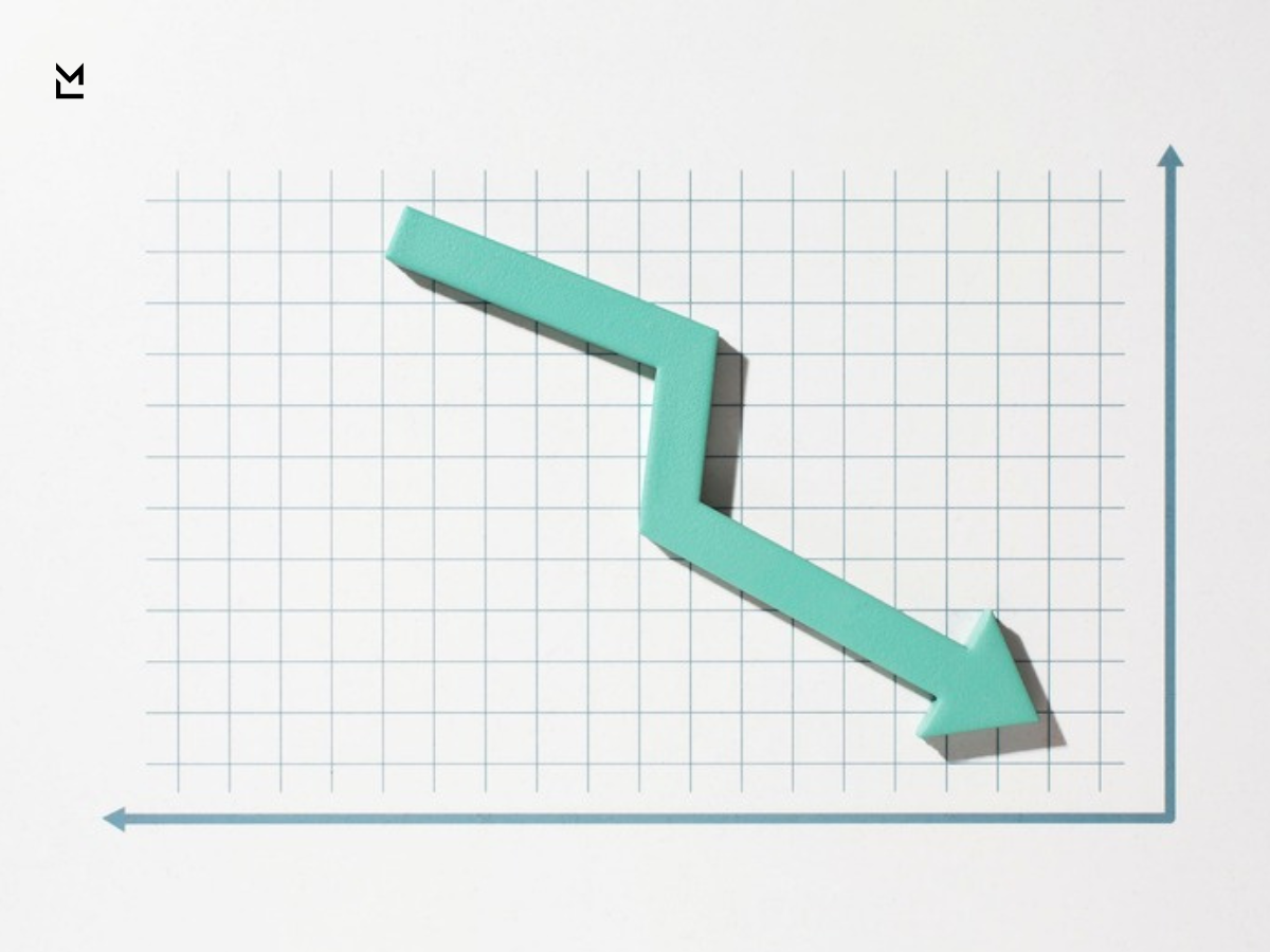 Stylized 3D teal arrow zigzagging downward on a grid background with axes, illustrating a decline in performance or value.