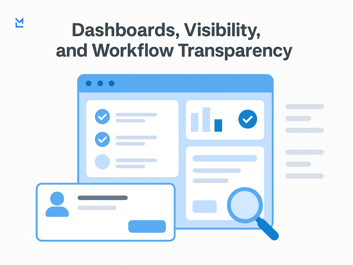 An illustration of a dashboard and visibility tools with checklists, charts, a magnifying glass, and a user profile card to convey workflow transparency.