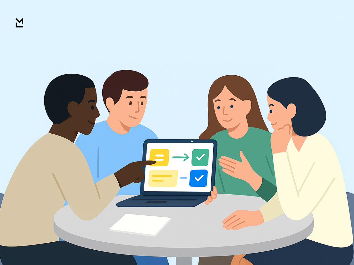 Team discussing tasks with flowchart