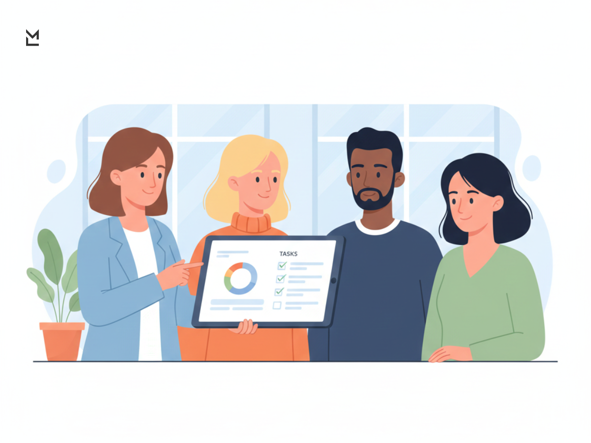 Manager presenting task progress to team