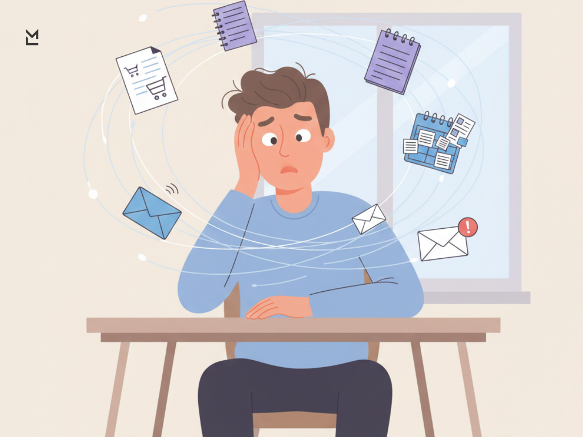 Overwhelmed person juggling tiny tasks