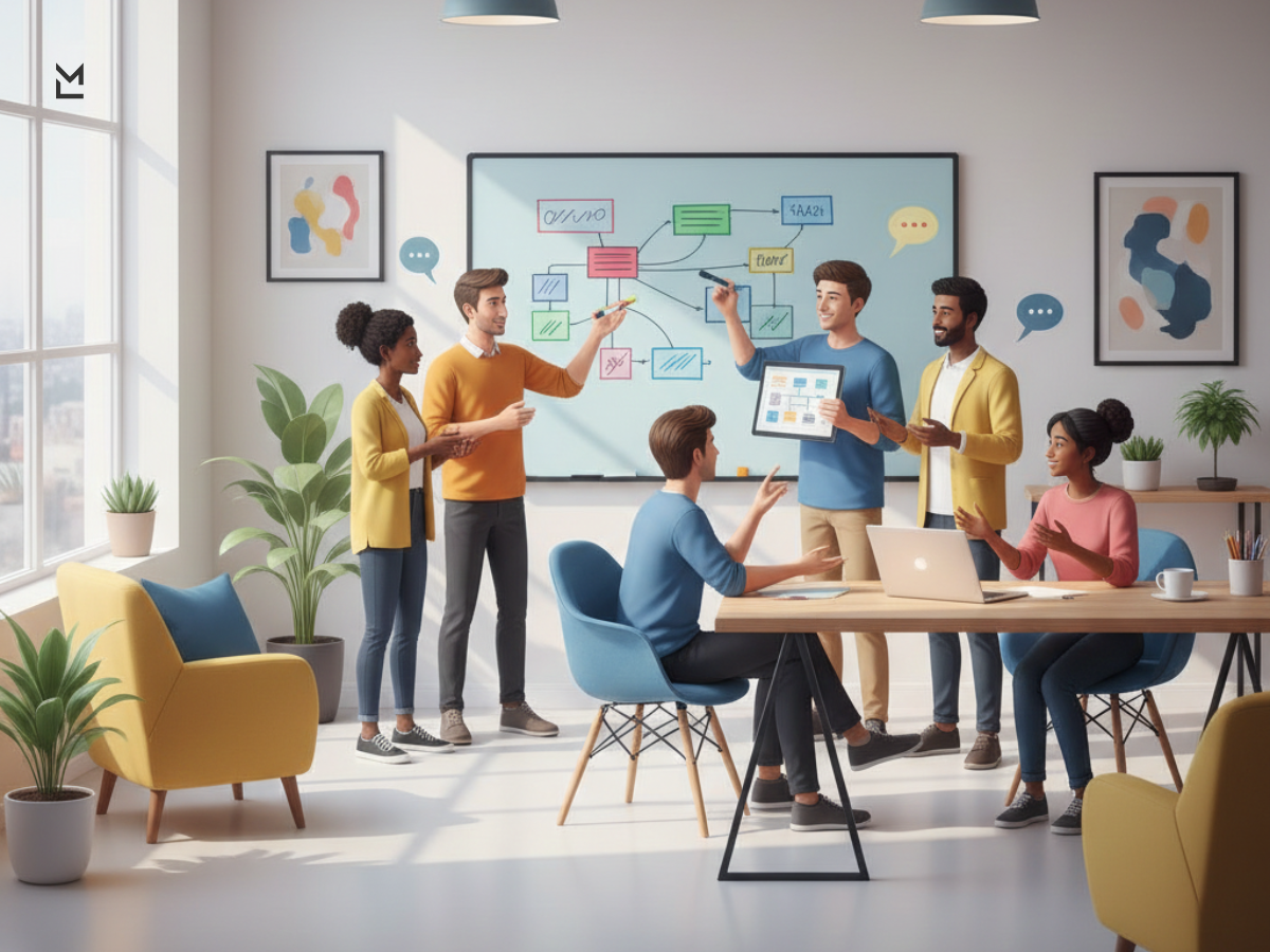 Team planning with flowchart on whiteboard