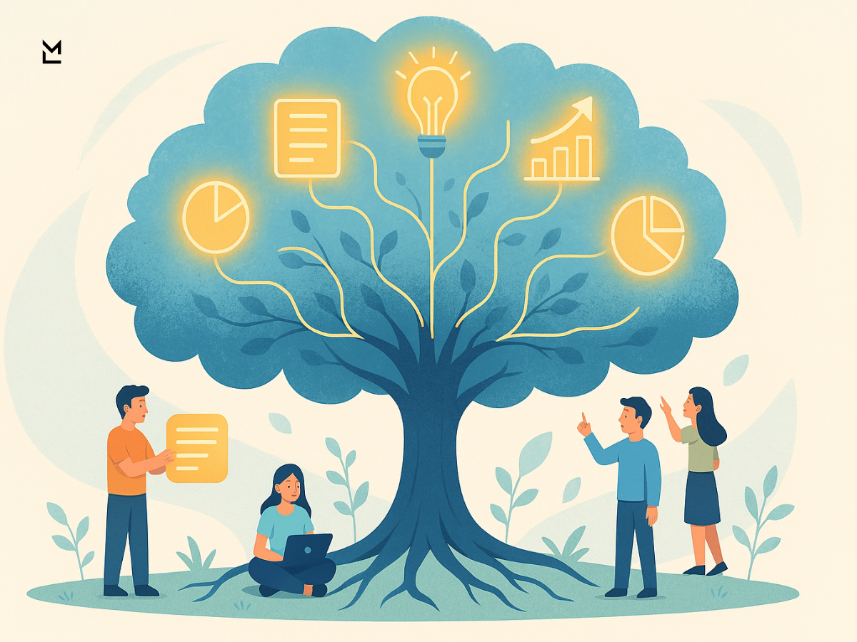 Knowledge tree with glowing icons and people