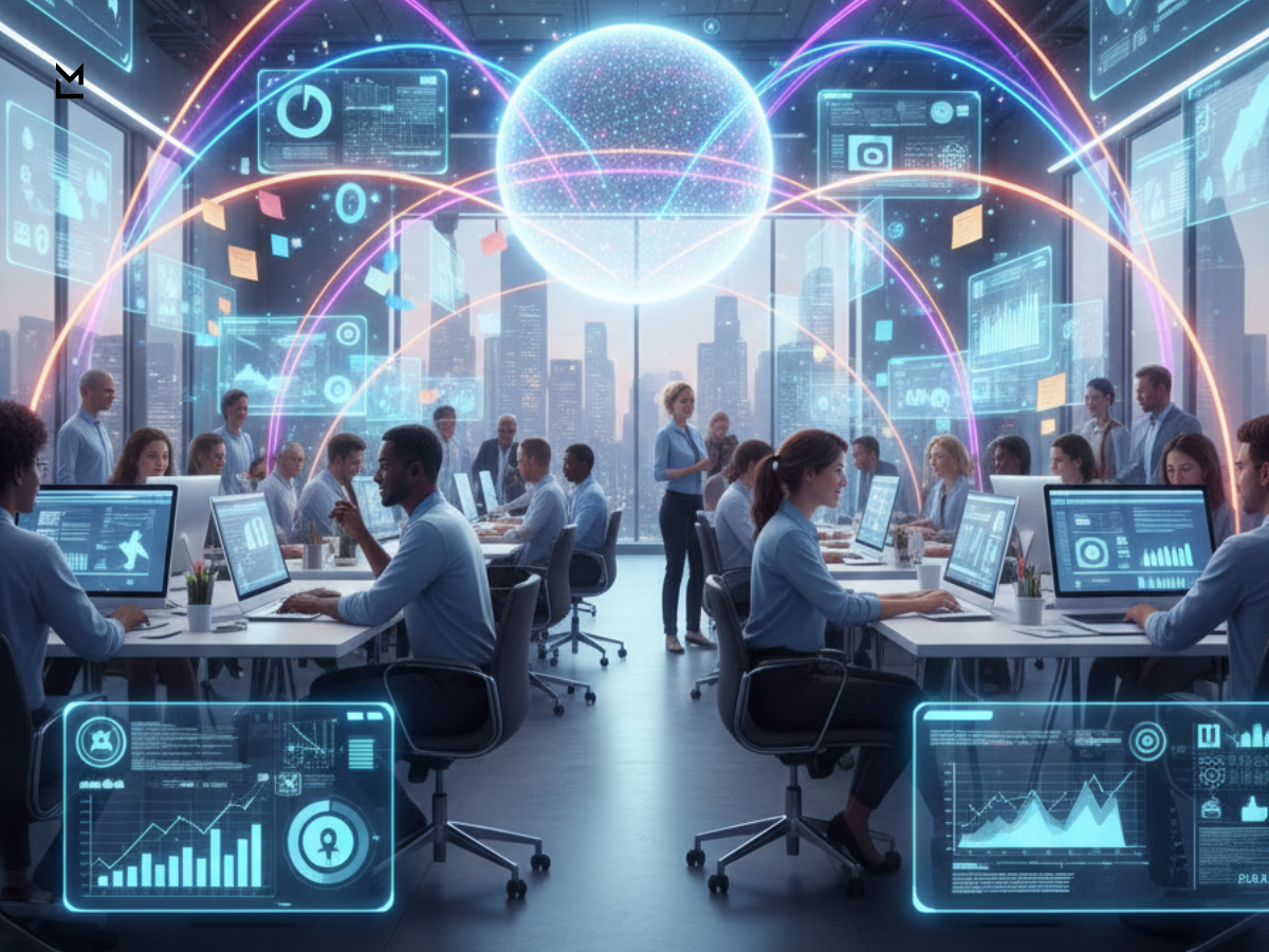 Futuristic workspace with global data streams