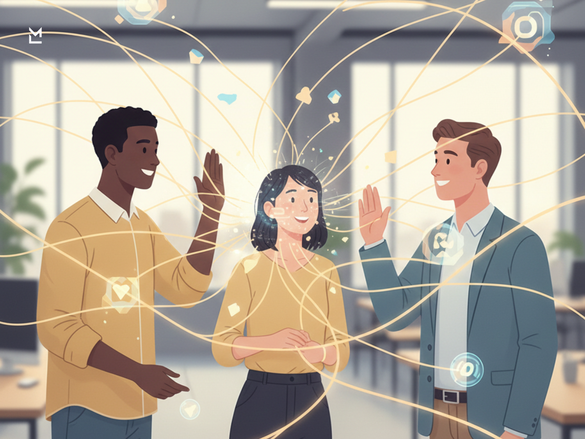 Team celebrating with social media icons