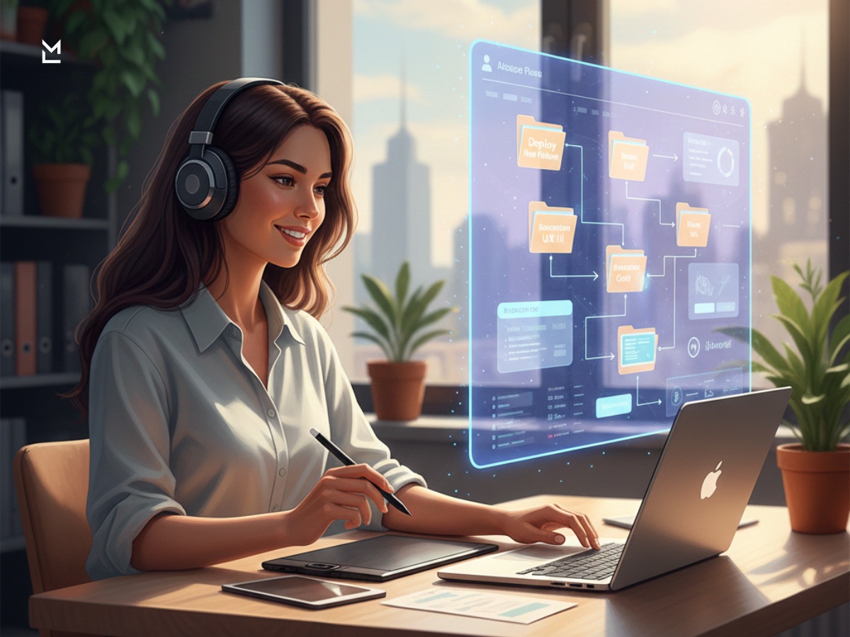 Woman using holographic project workflow