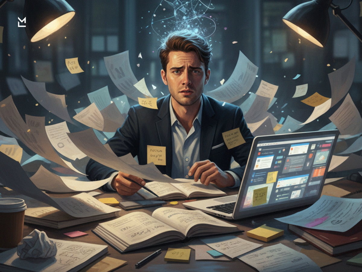 Stressed man surrounded by flying tasks