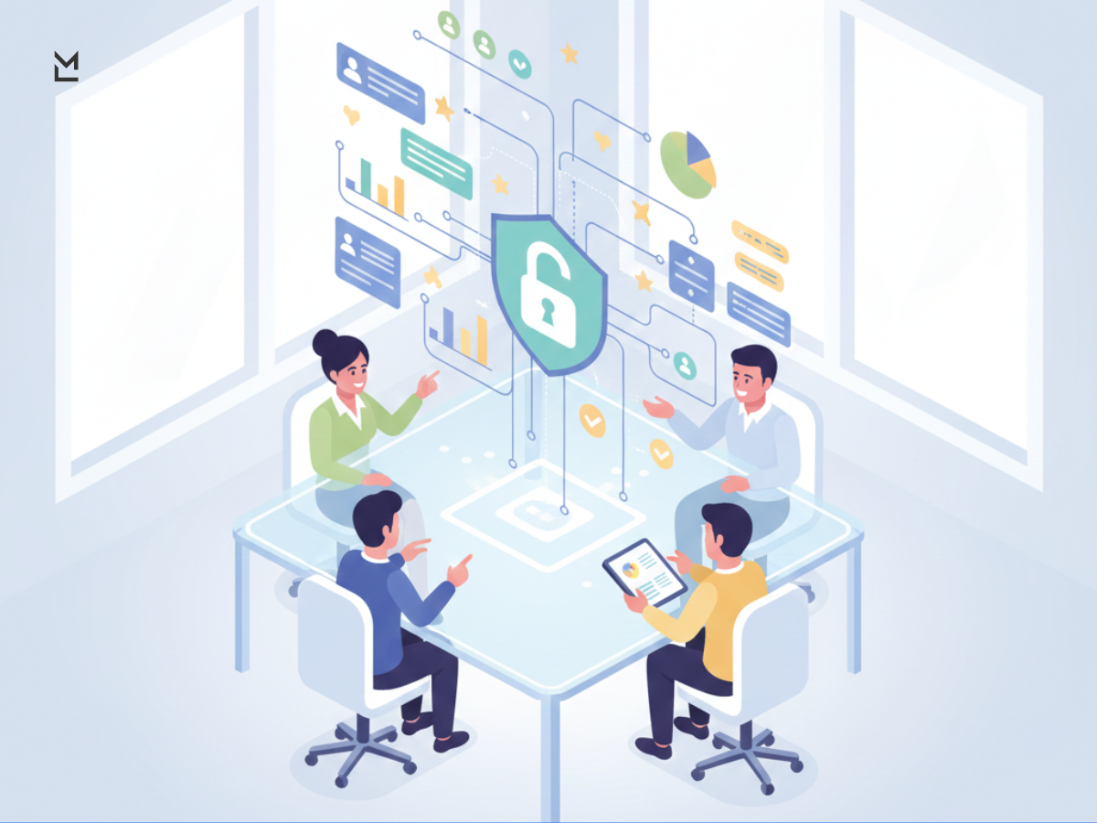 Team discussing data security and collaboration