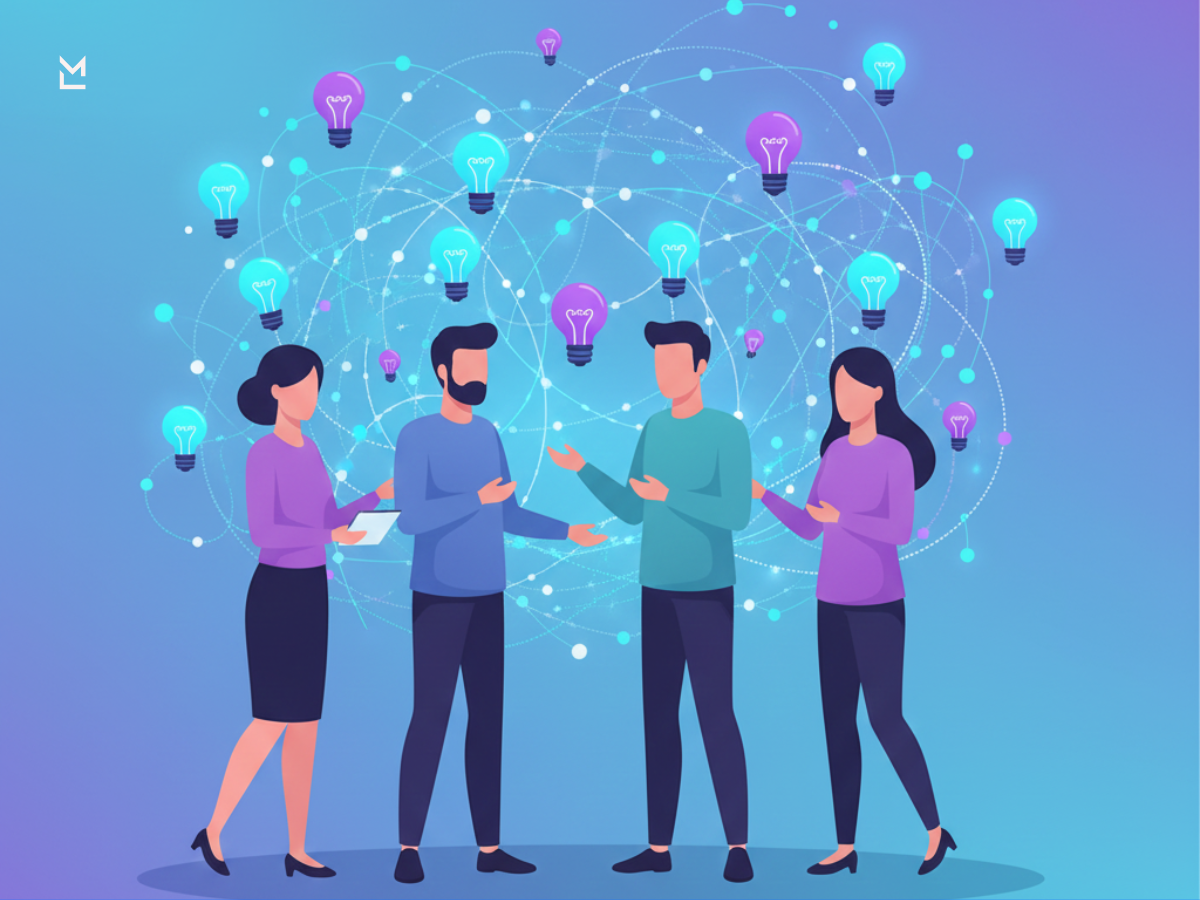 Group of people connecting with glowing, networked idea lightbulbs