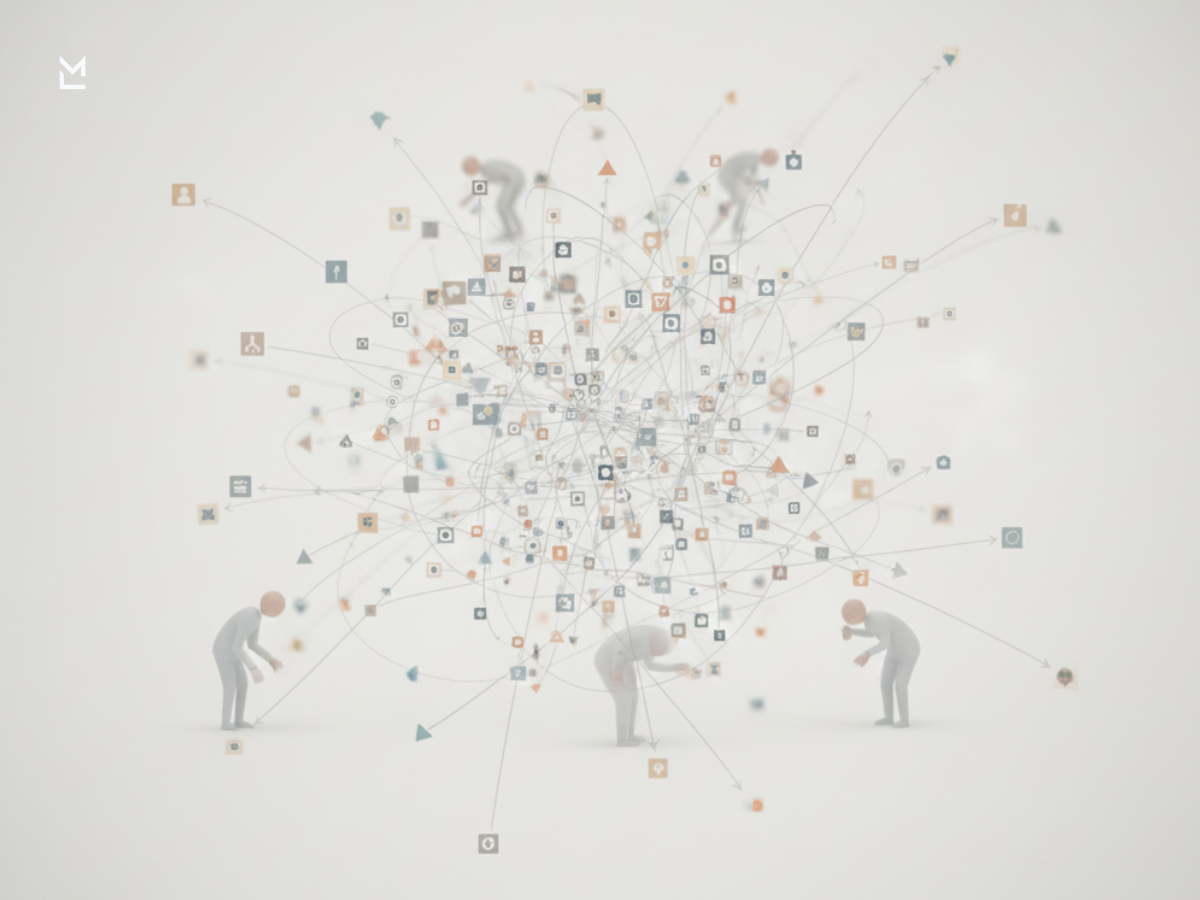 Chaotic arrows and icons showing mindless activity.