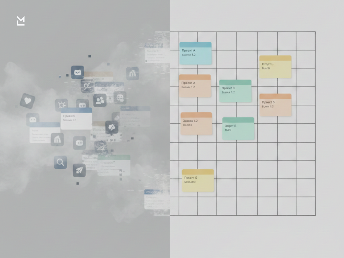 Tasks dissolving into fog versus structured grid.