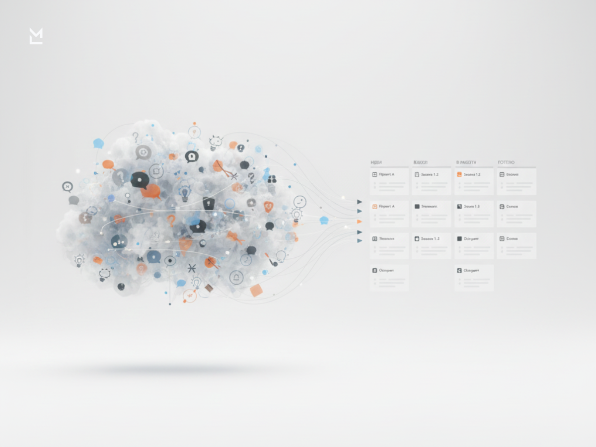 Ideas from cloud turning into action cards.