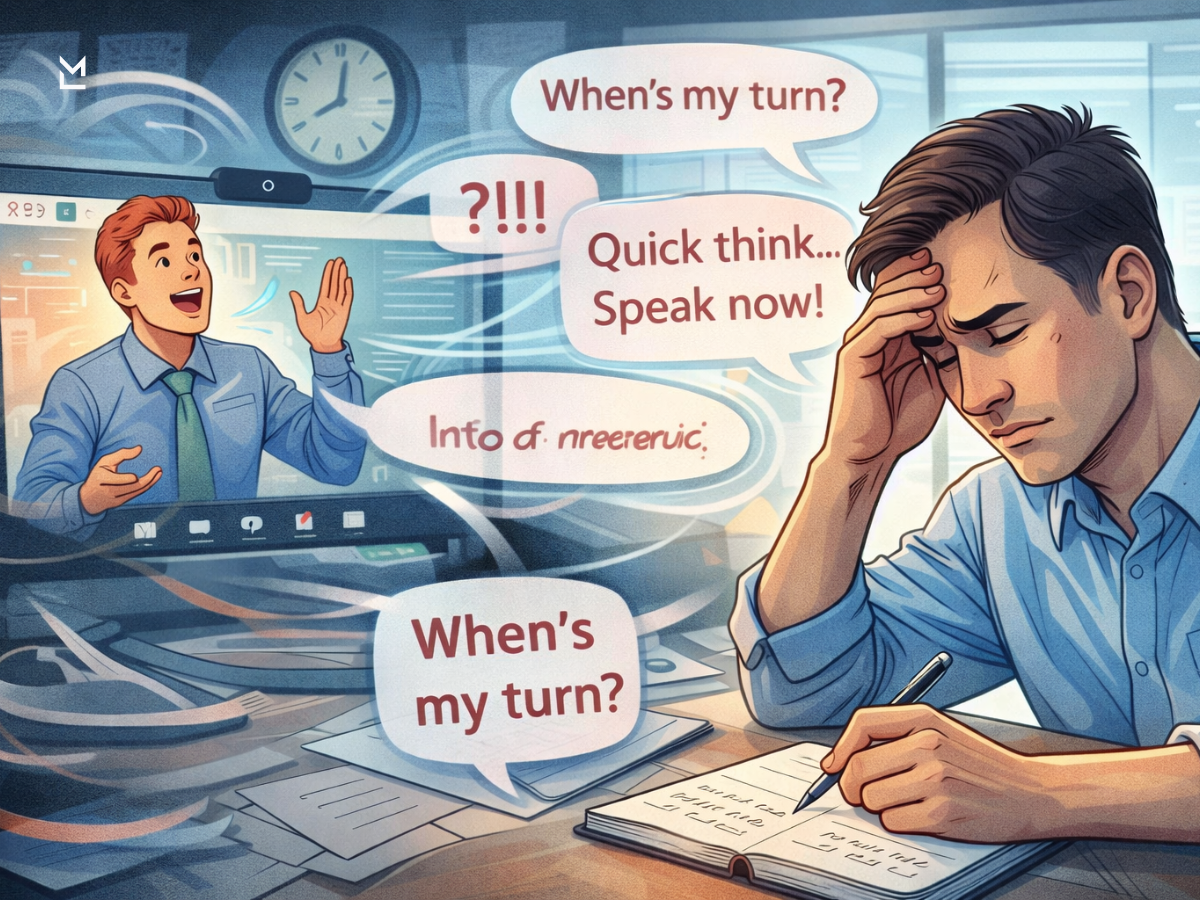 Overwhelmed professional during fast-paced video meeting