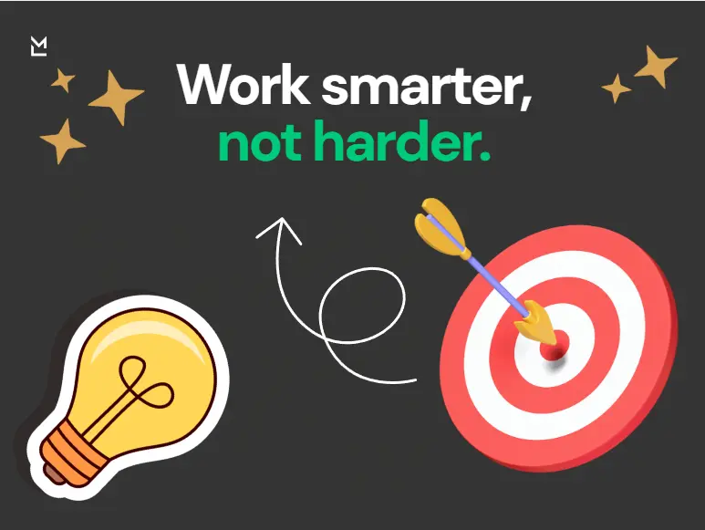 Motivational quote 'Work smarter, not harder' displayed on a dark background with a light bulb icon, a target with a dart, golden stars, and a looping arrow symbolizing smart thinking and goal achievement.