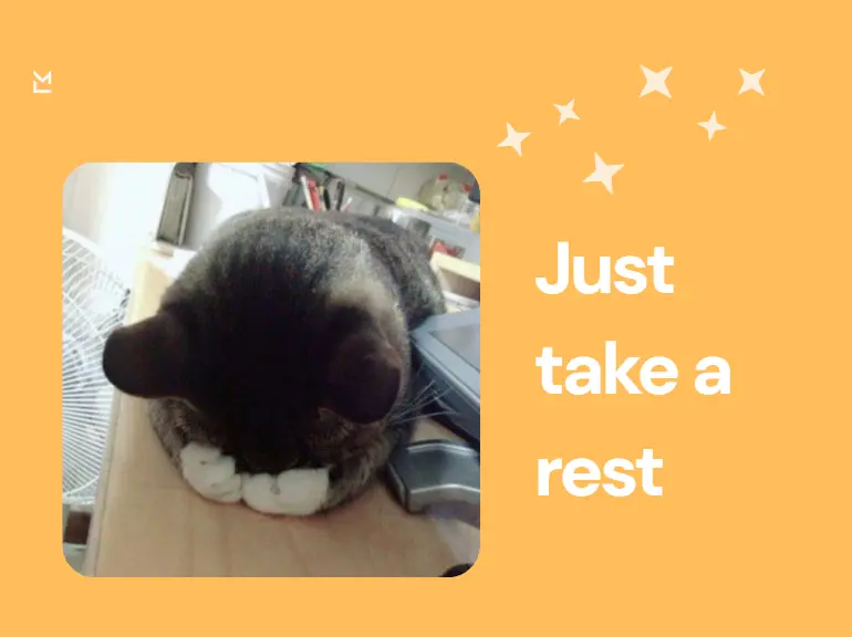 A relaxed cat resting its head on a wooden desk beside a laptop, books, and a fan, with an orange overlay and the phrase 'Just take a rest' emphasizing the importance of taking study breaks.