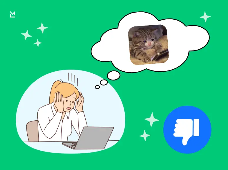 Cartoon-style illustration of a stressed person staring at a laptop, with a thought bubble showing cuddling kittens and a thumbs-down icon nearby, symbolizing frustration and a longing for comfort during study or work.