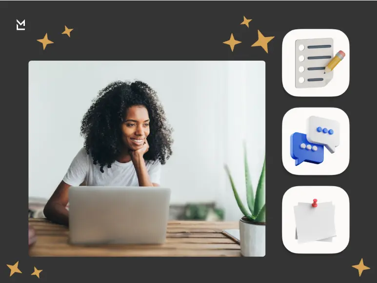 Smiling woman at a laptop representing a welcome email and employee onboarding, with checklist and team-chat icons for new hires.