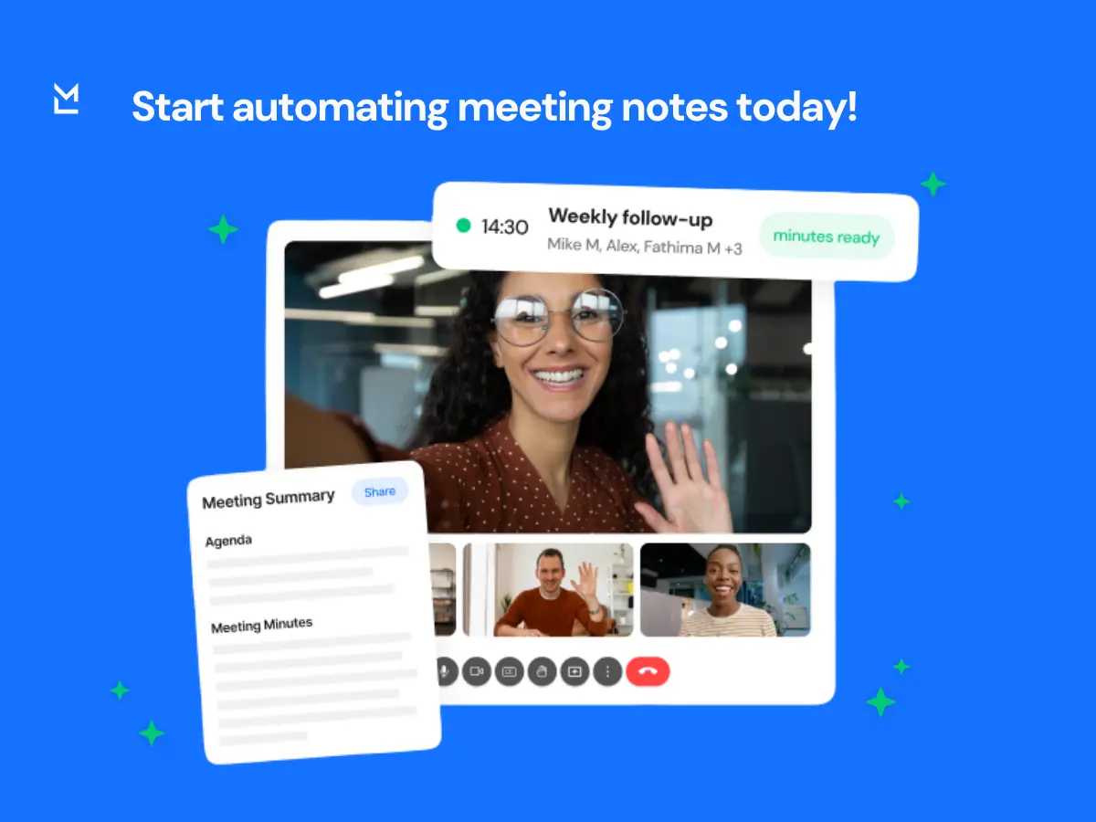 AI meeting notes automation tool interface - video call with participants, instant meeting summary, agenda, and minutes ready notification