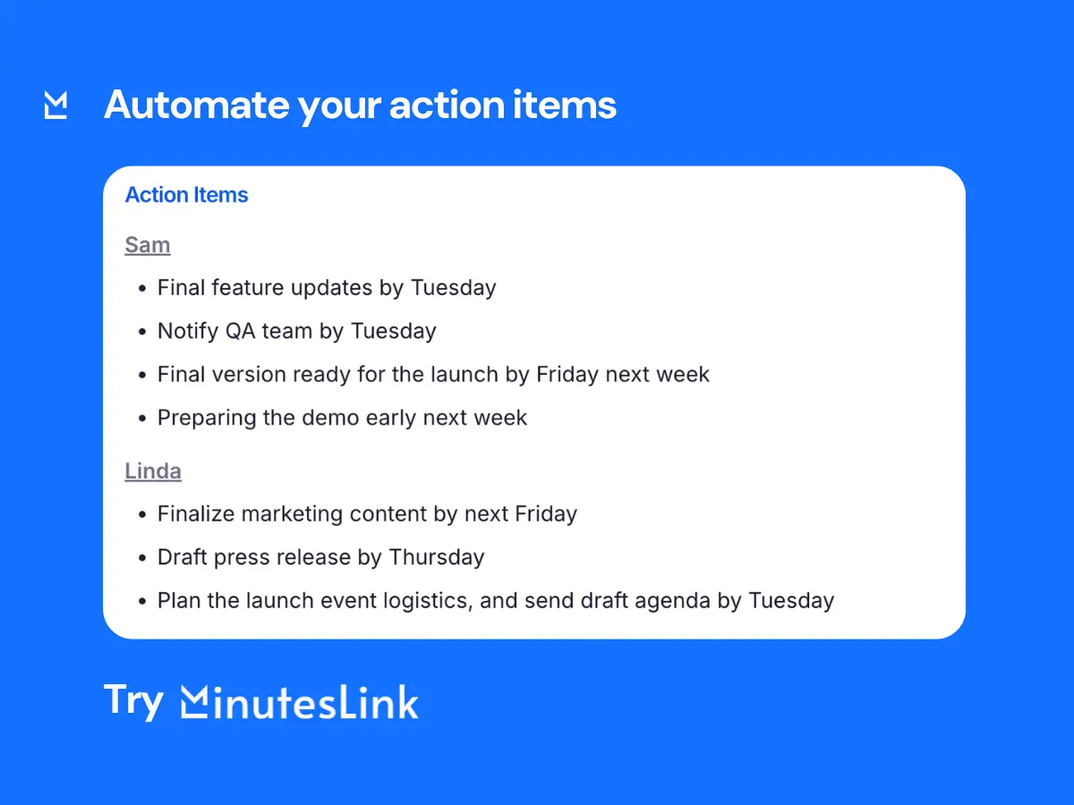 A task list UI on a blue background that assigns action items to Sam and Linda and promotes automating action items with a call to try MinutesLink.