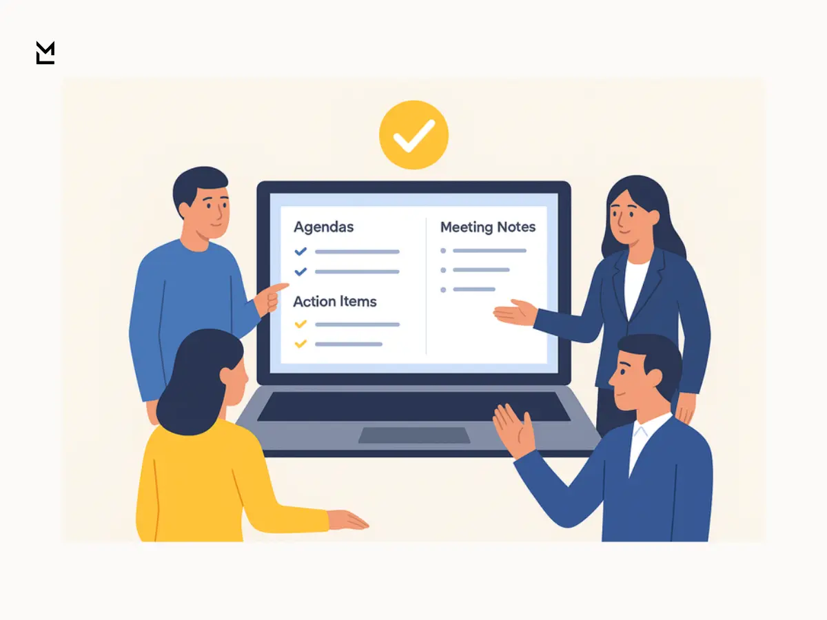 Flat illustration of four people gathered around a laptop screen showing agendas, meeting notes, and action items with blue and yellow checkmarks, symbolizing organized and transparent teamwork.