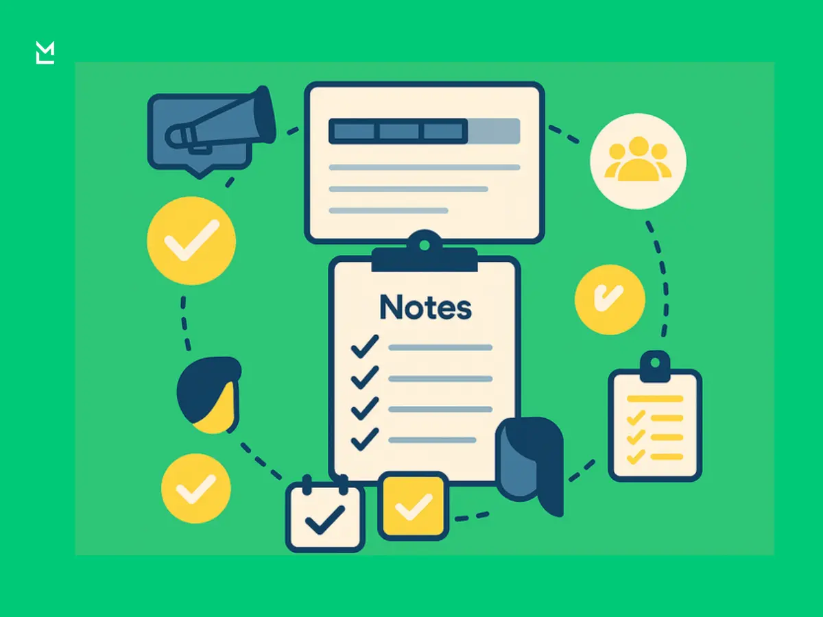 Flat illustration of a central clipboard labeled 'Notes' with a checklist, surrounded by icons (calendar, megaphone, team, checkmark badges) connected by dotted lines to show organized collaboration.