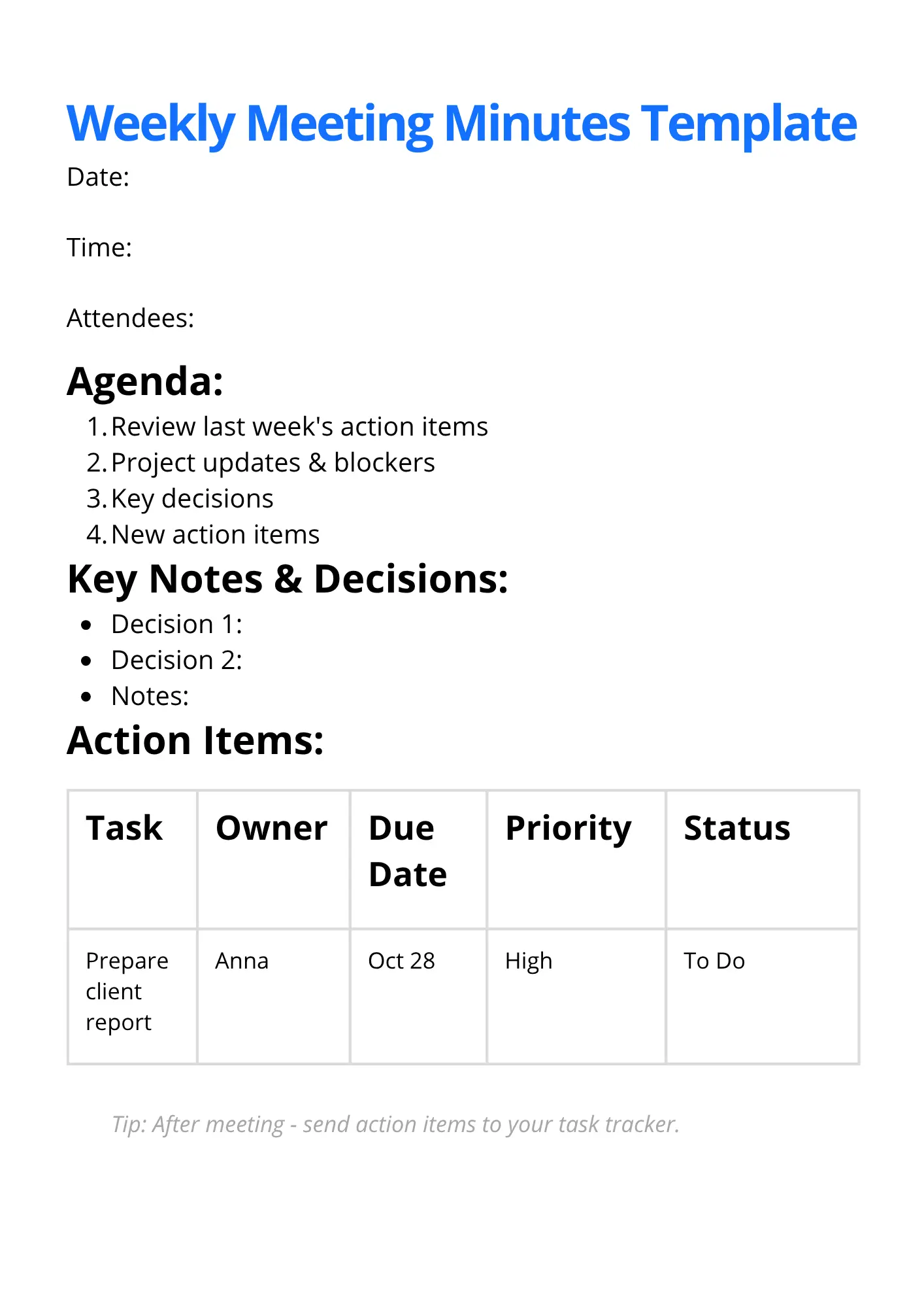 Weekly Meeting Minutes Template featuring structured sections for date, time, attendees, agenda, key decisions, and action items. Includes a filled task row and a tip to send tasks to a tracker after the meeting.
