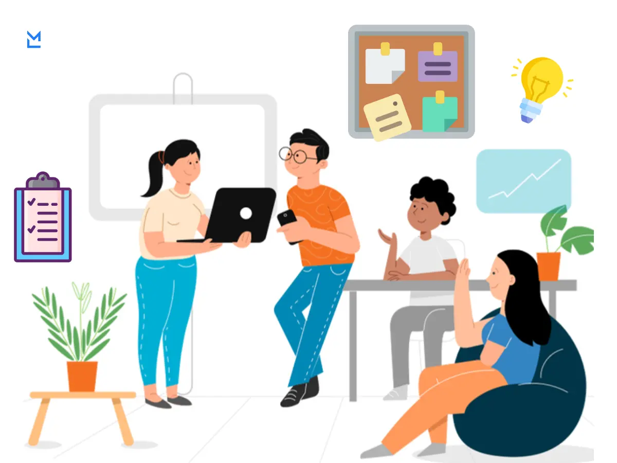 Four illustrated team members collaborating in a bright, modern workspace with digital tools and relaxed seating.