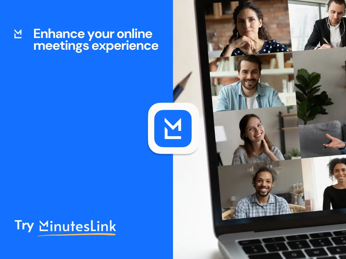 Promotional graphic showing a video call with eight participants and a message encouraging users to enhance their online meetings using MinutesLink.