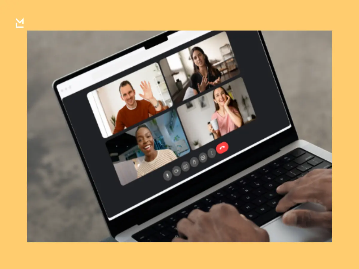 Video call interface showing five participants in a virtual meeting, each in a different setting, highlighting remote collaboration and modern communication.