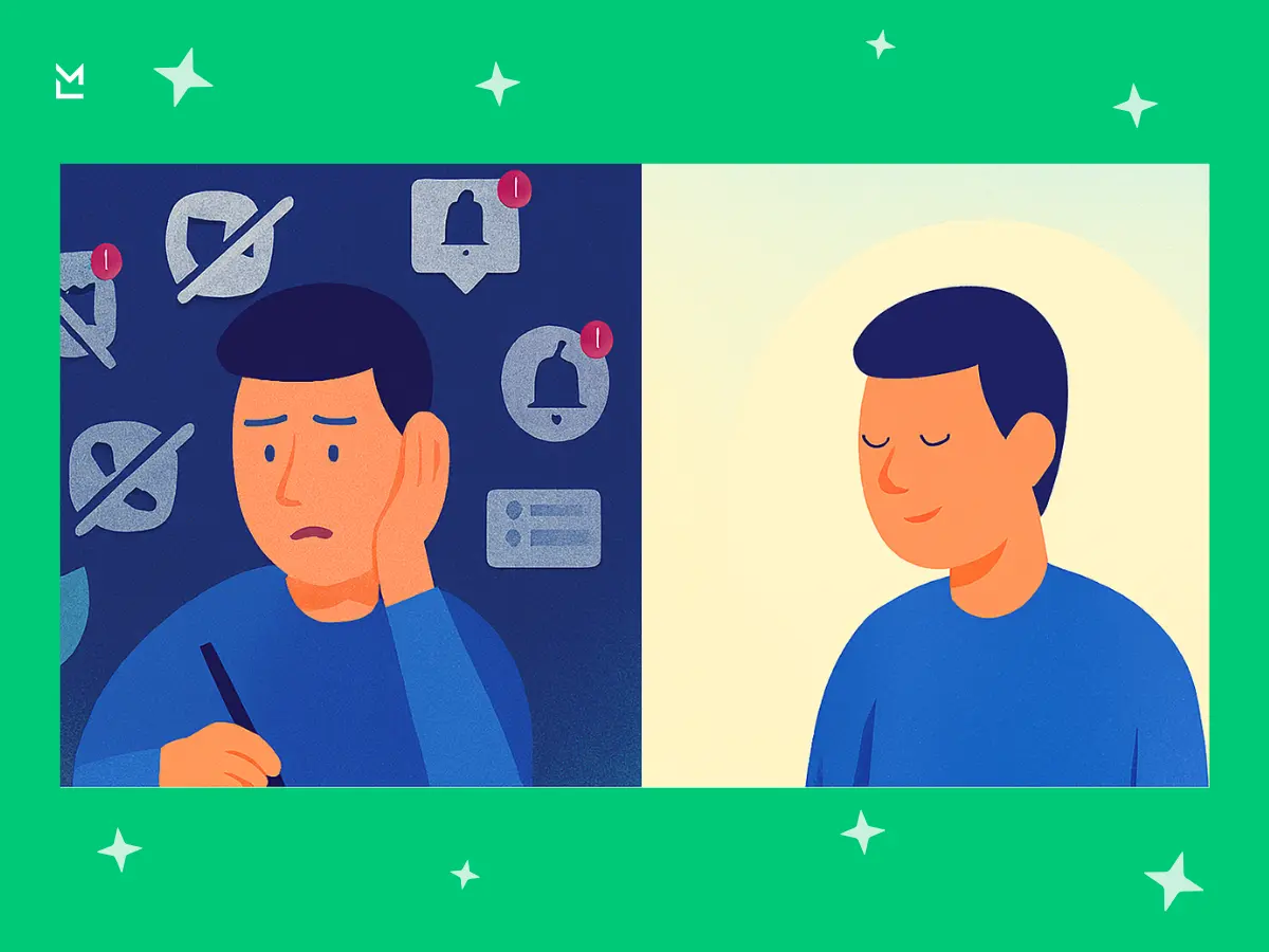 Split-screen image showing a person overwhelmed by digital notifications on one side and calm and focused on the other, illustrating the contrast between distraction and clarity.