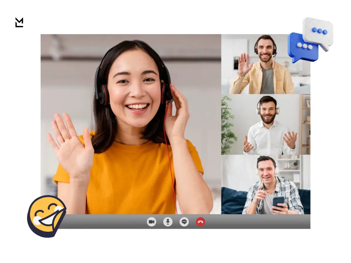 Video call interface with five smiling participants, including one main speaker in a yellow shirt and headphones, highlighting friendly remote collaboration.